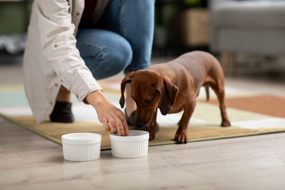 perro marron comiendo de cuencos blancos