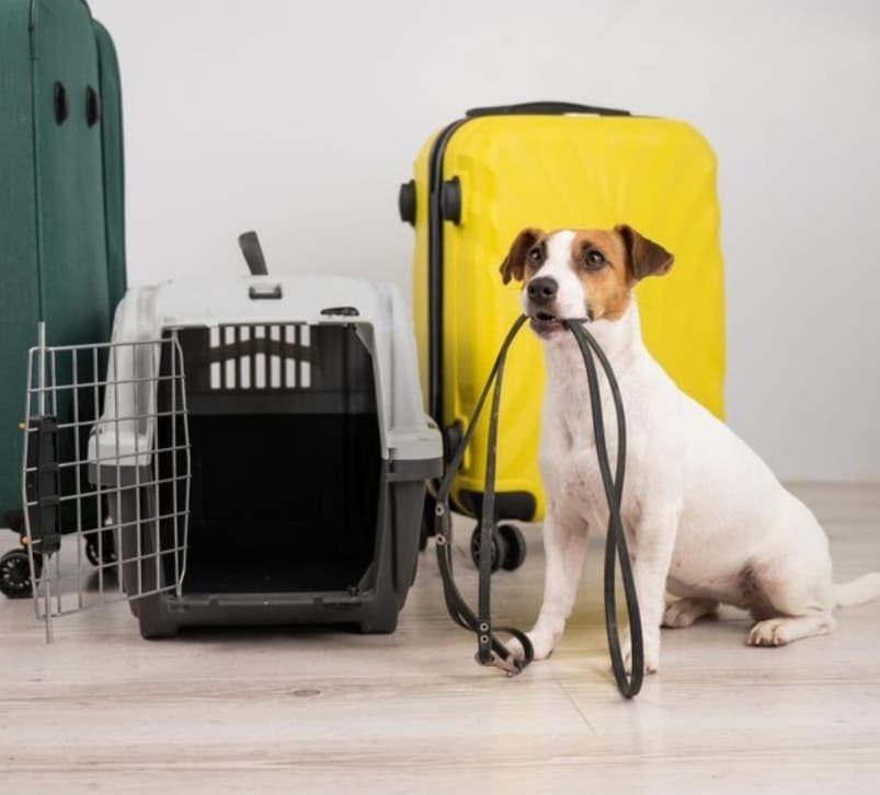 perro pequeno con correa sentado frente a transportin y maleta amarilla preparado para viajar