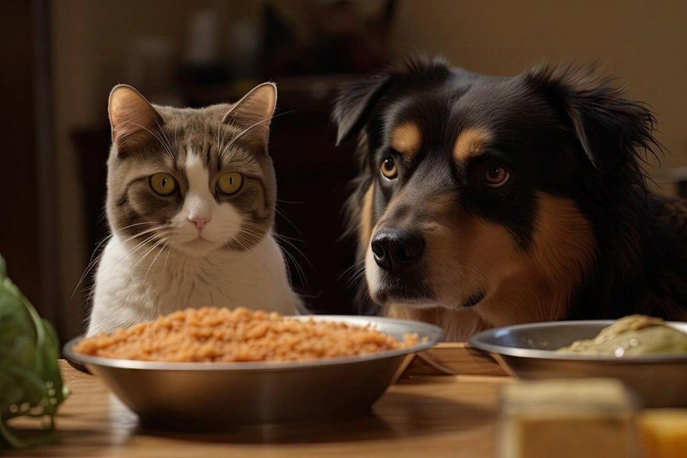 escena perro comiendo comida humana gato mirando desaprobacion escena perro comiendo comida humana gato mirando desaprobacion